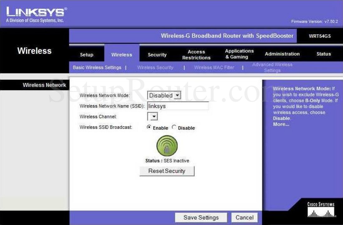 Linksys WRT54GS Screenshot Wireless Network
