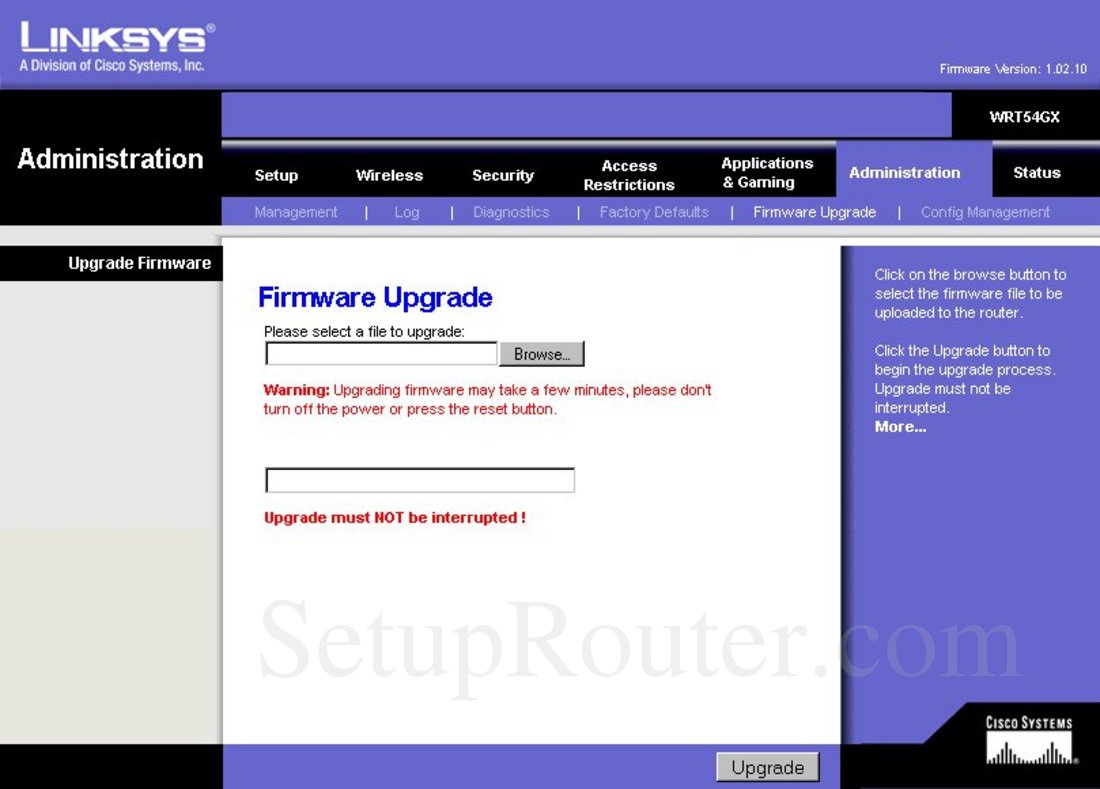 Linksys WRT54GX Screenshot Firmware Upgrade
