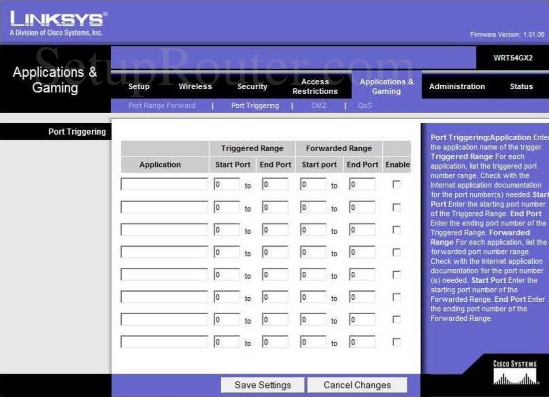 Linksys WRT54GX2 Screenshot Port Triggering