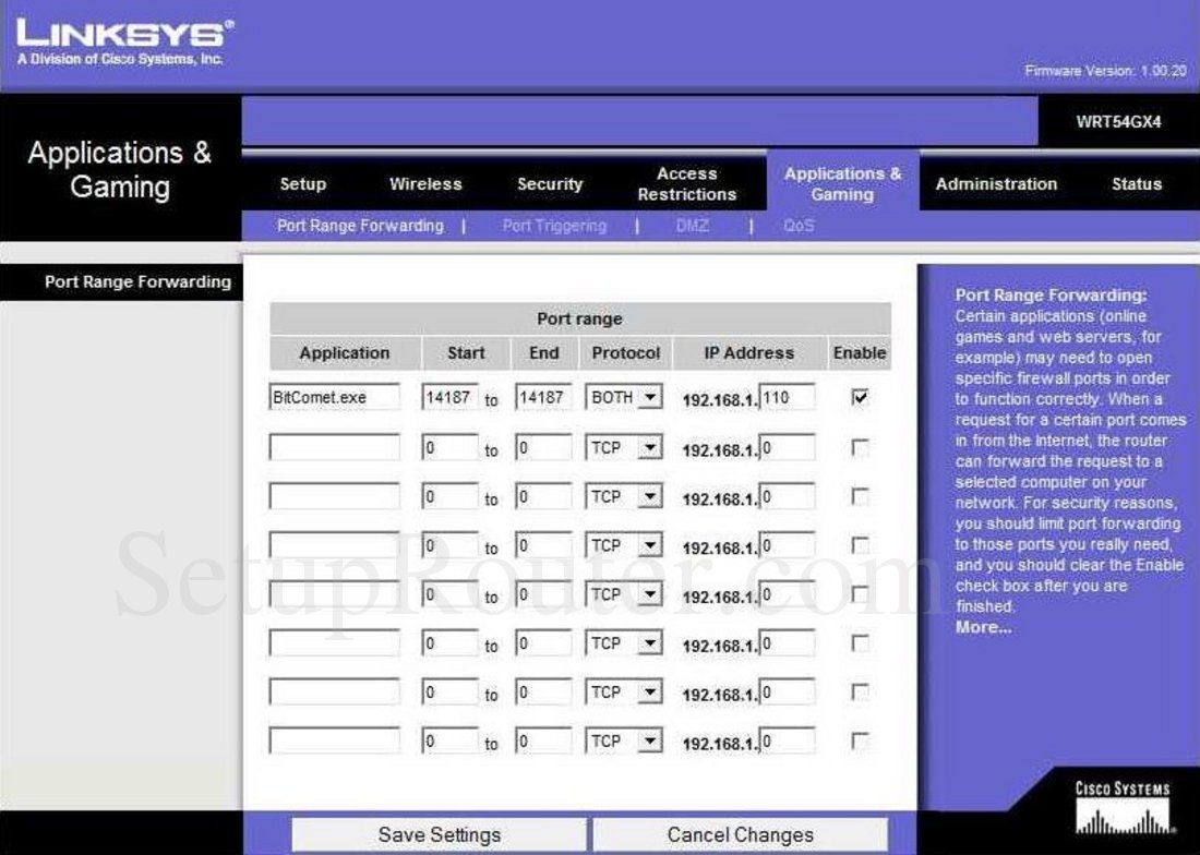 Linksys WRT54GX4 Screenshot Port Range Forwarding