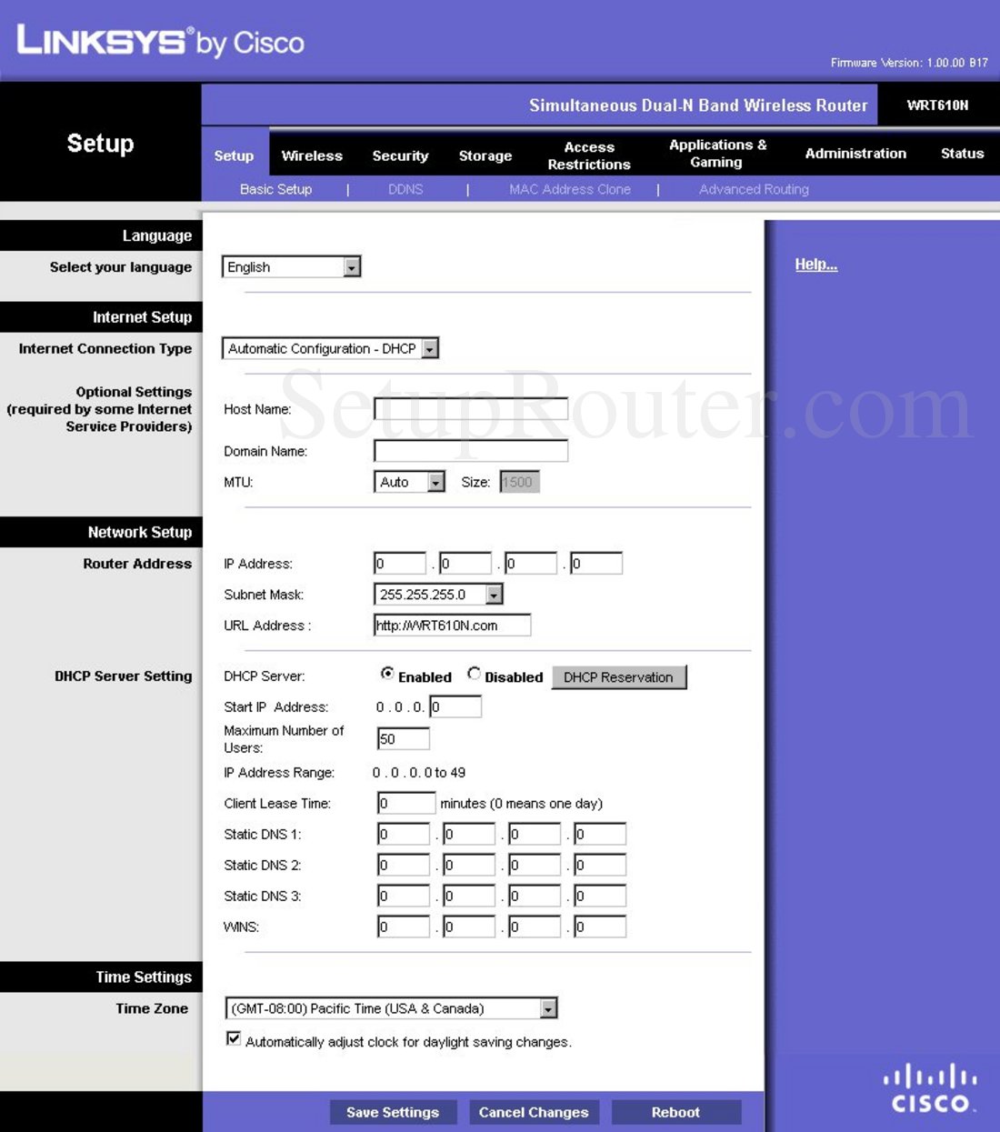 Linksys WRT610N Screenshot Basic Setup