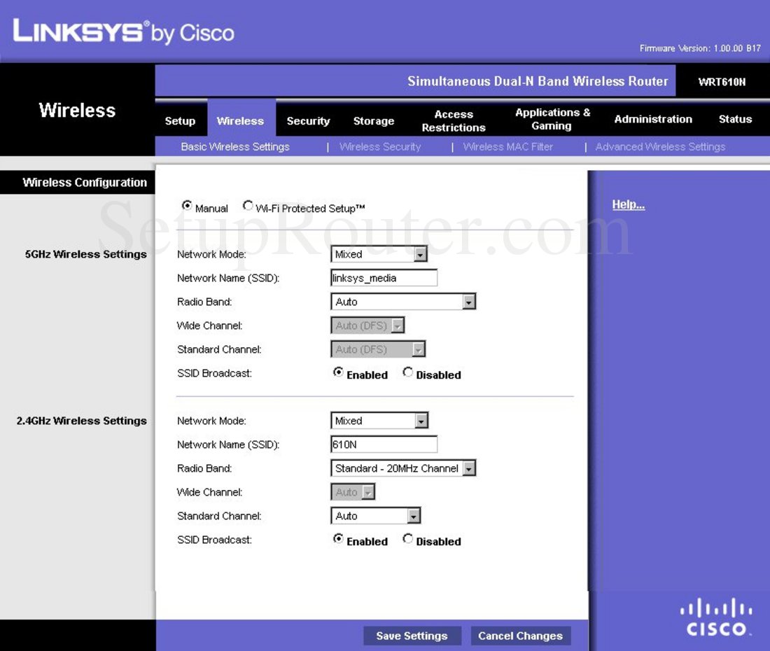 Linksys WRT610N Screenshot Basic Wireless Settings