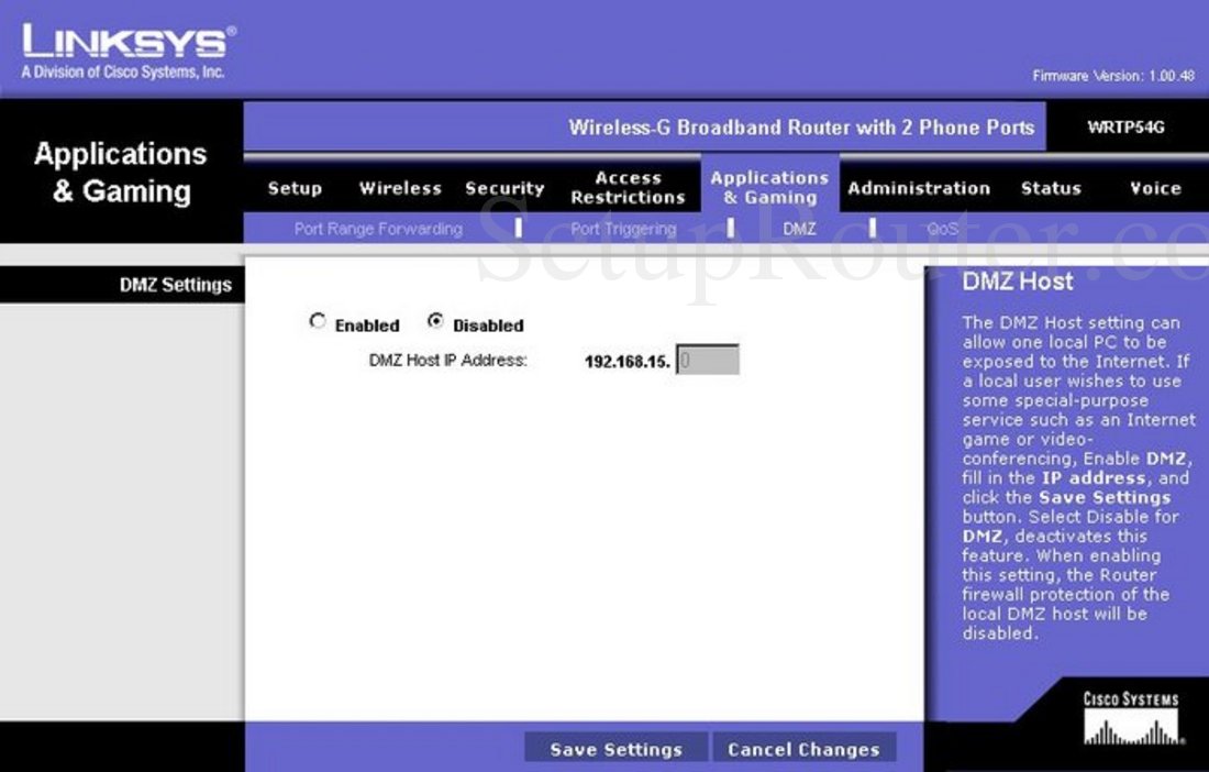 Linksys WRTP54GER Screenshot DMZ