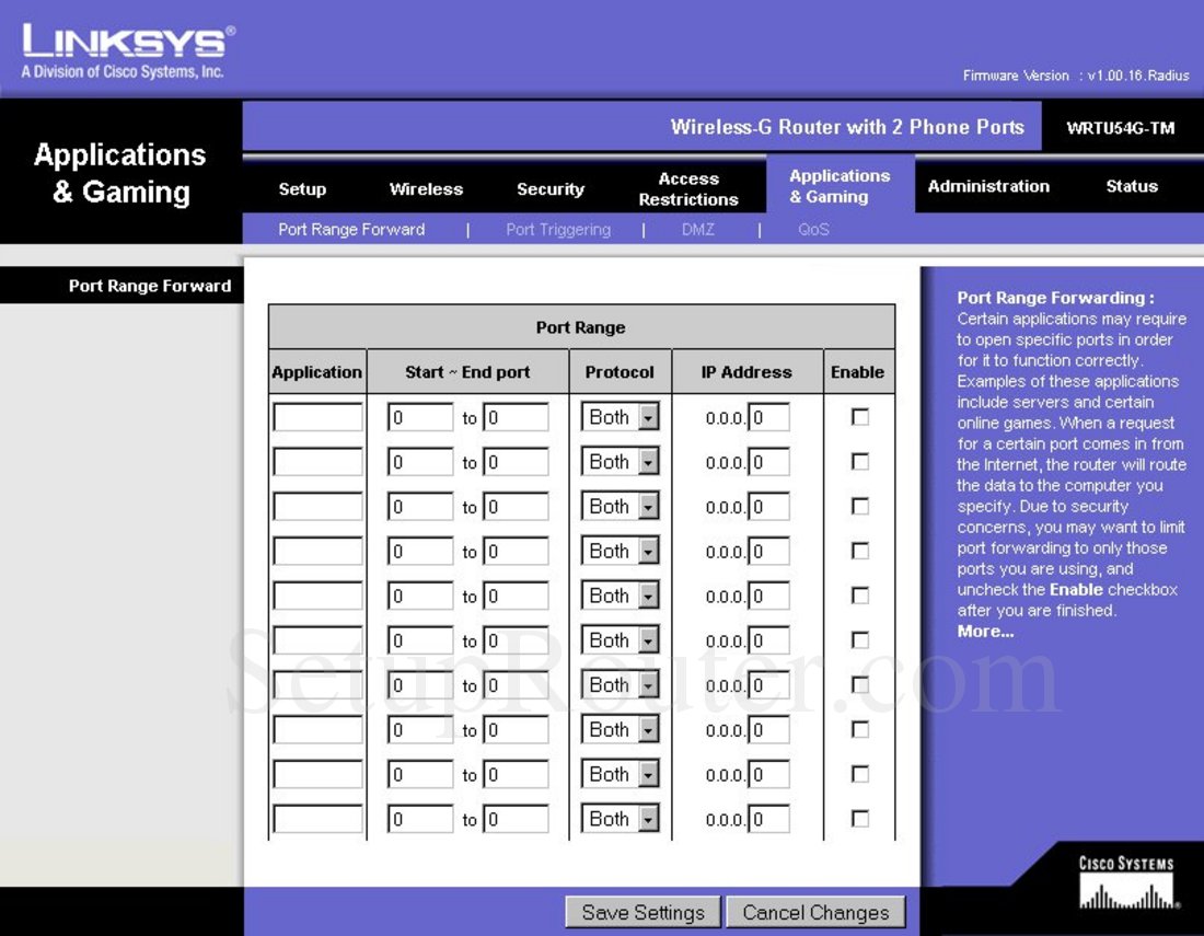 Linksys WRTU54GTM Screenshot Port Range Forward