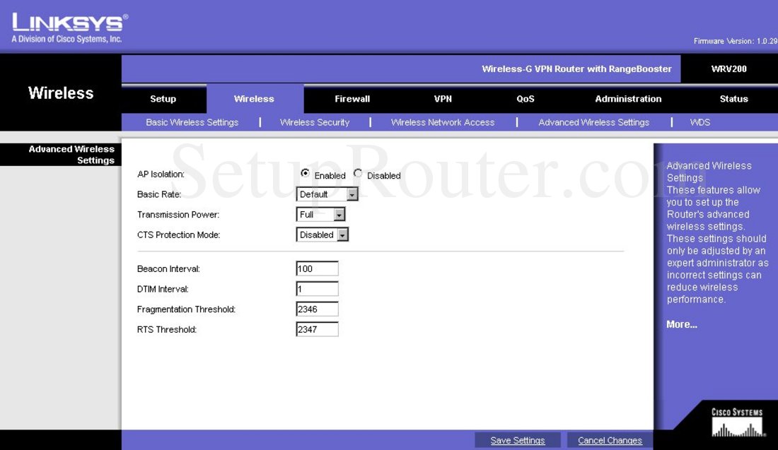 Linksys WRV200 Screenshot Advanced Wireless Settings