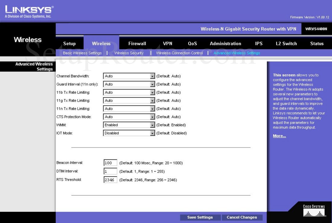 Linksys WRVS4400N Screenshot Advanced Wireless Settings