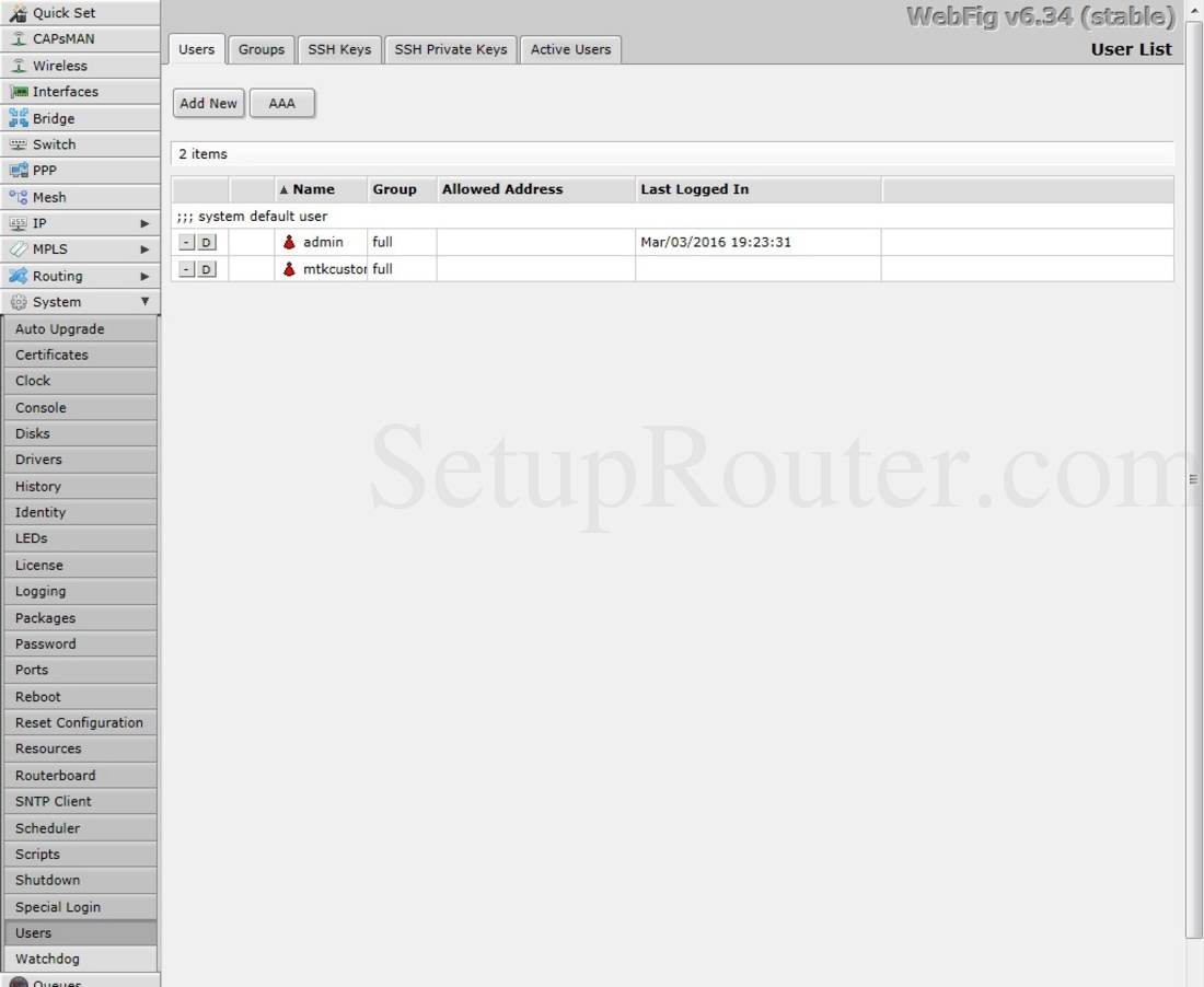 mikrotik routeros v6.34 default password