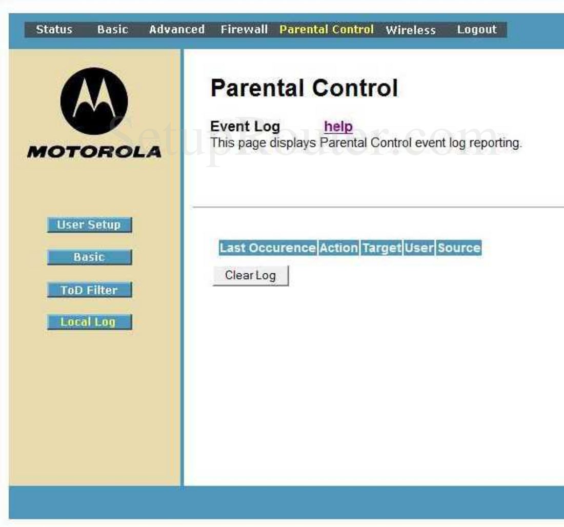 Motorola SBG6580 Screenshot Parental Control Event Log