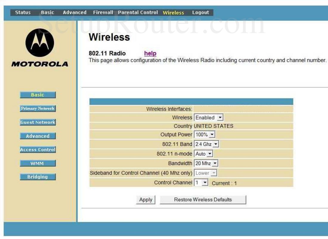 Motorola SBG6580 Screenshot Wireless Basic