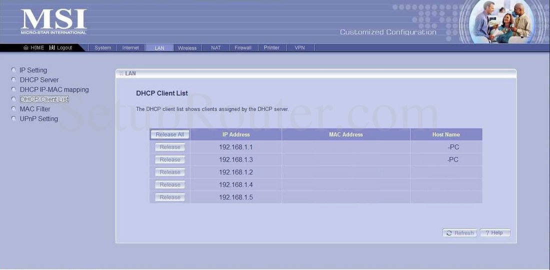 MSI RG54GS Screenshot DHCP Client List