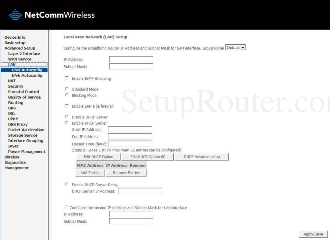 NetComm NB604N Screenshot LAN Setup