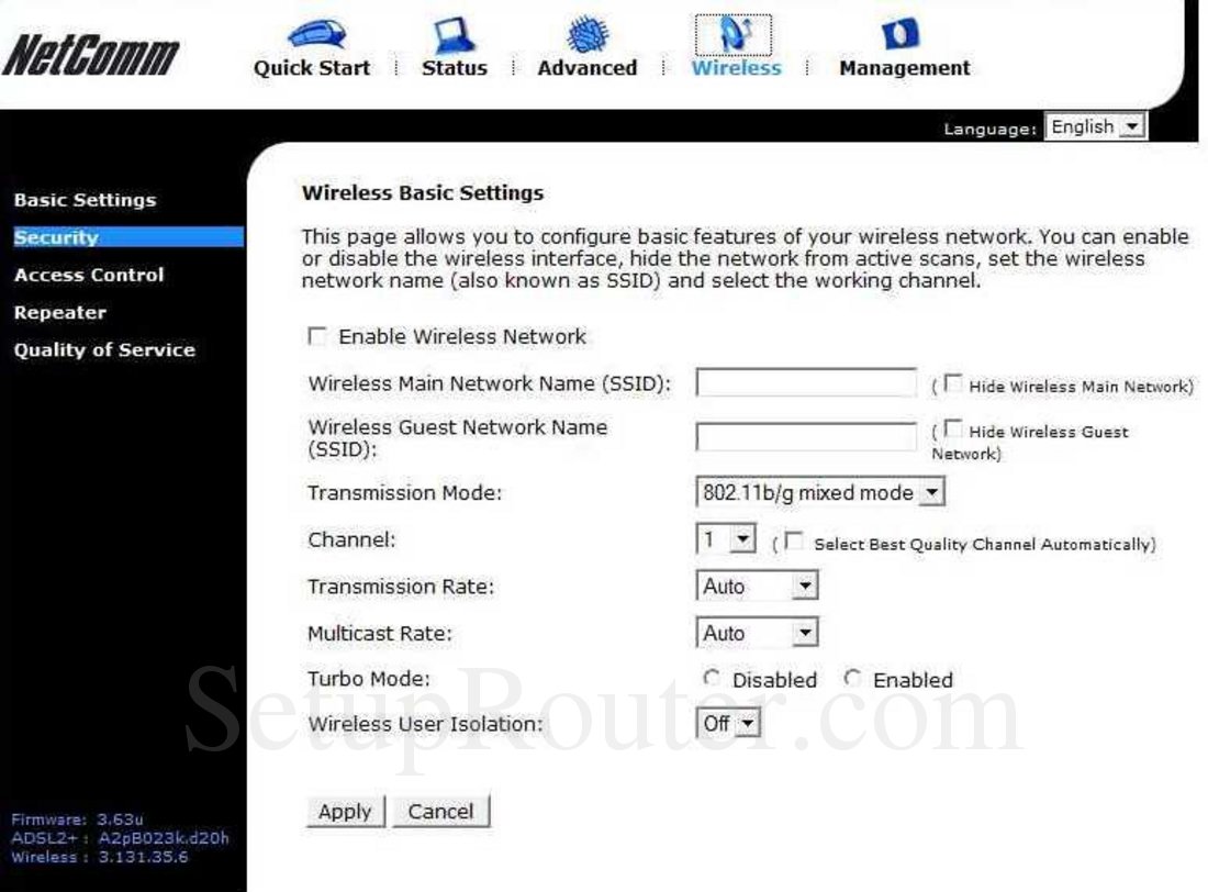 NetComm NB6W Screenshot Wireless Basic Settings