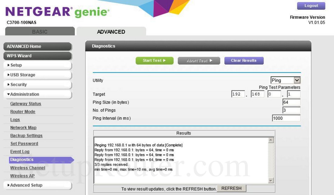 Netgear C3700100NAS Screenshot Diagnostics