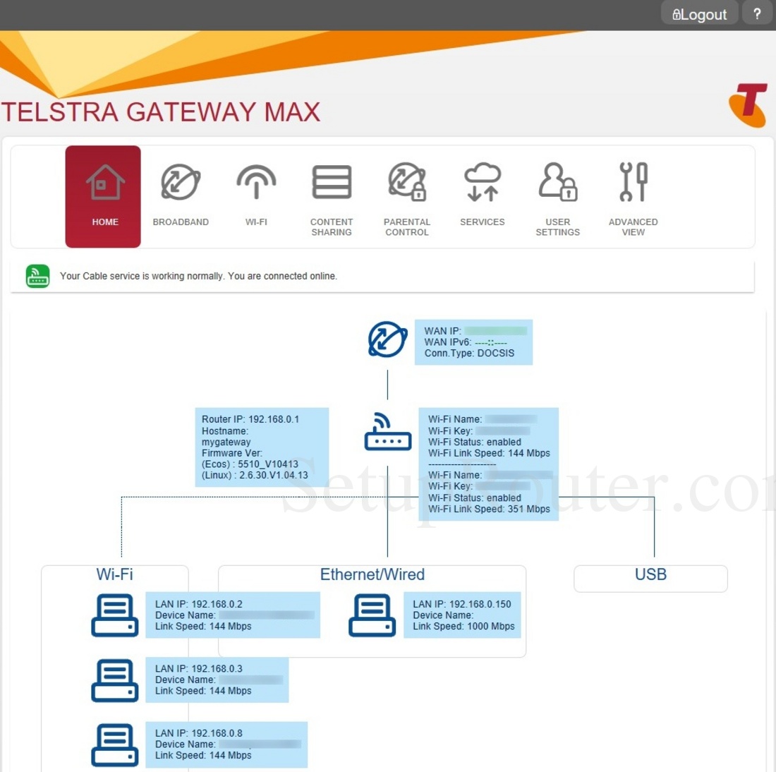 Netgear C6300BD202 Telstra Screenshot Home