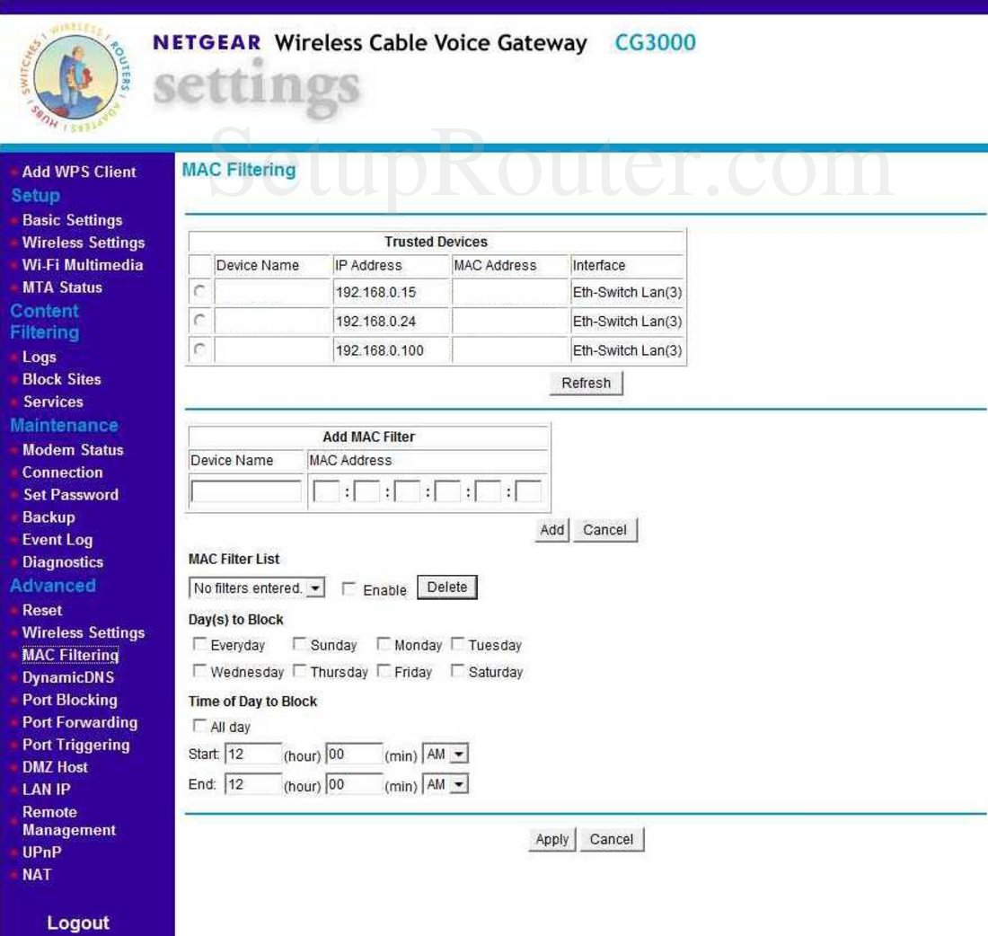 Netgear CG3000 Screenshot MAC Filtering