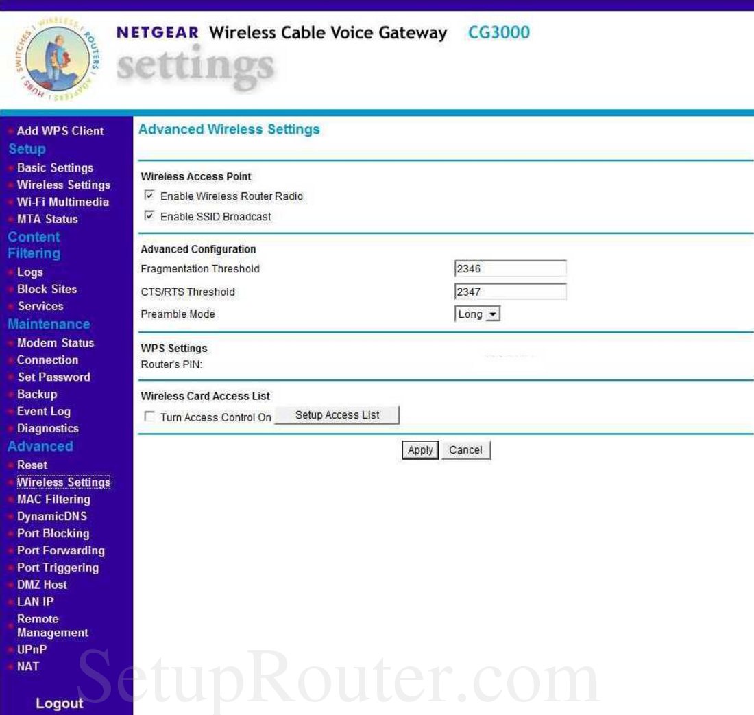 Netgear CG3000 Screenshot Advanced Wireless Settings