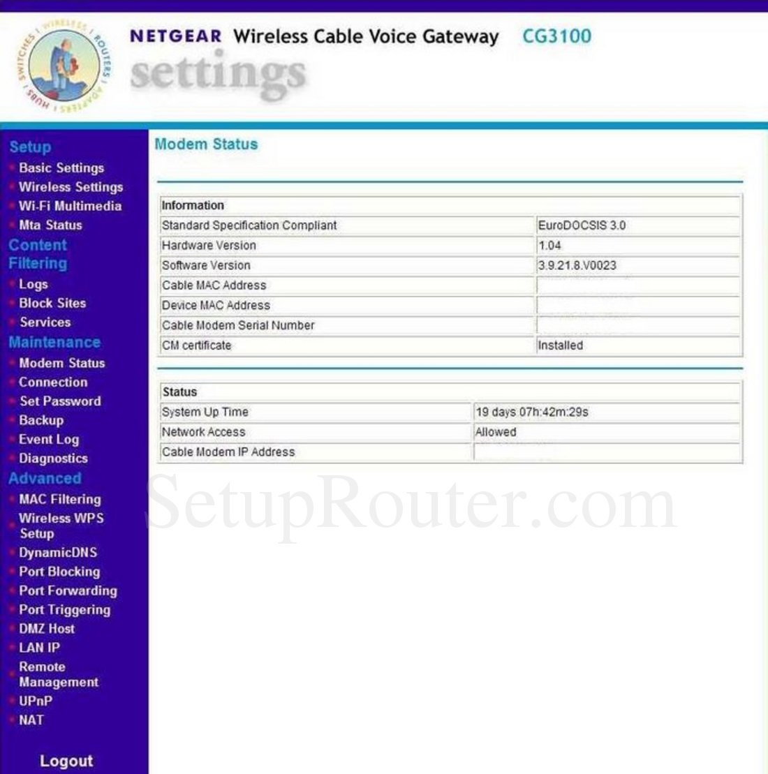 Netgear Cg3100 Screenshot Modem Status