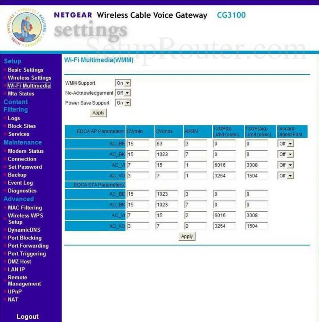 Netgear CG3100 Screenshot Wi Fi Multimedia