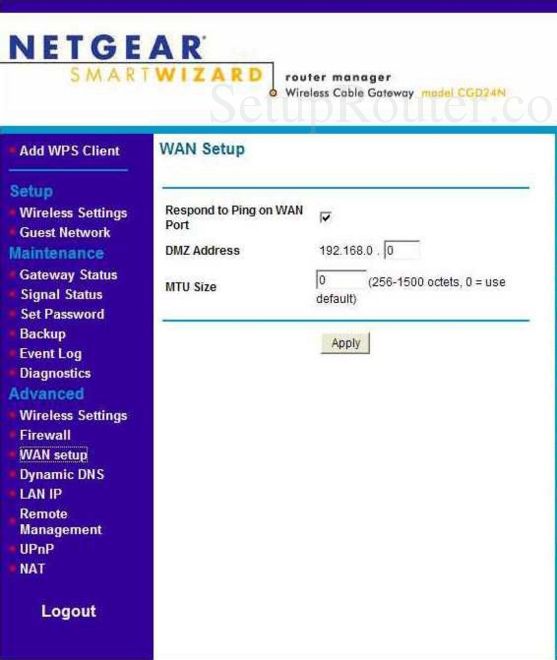 Netgear CGD24N Screenshot WAN Setup