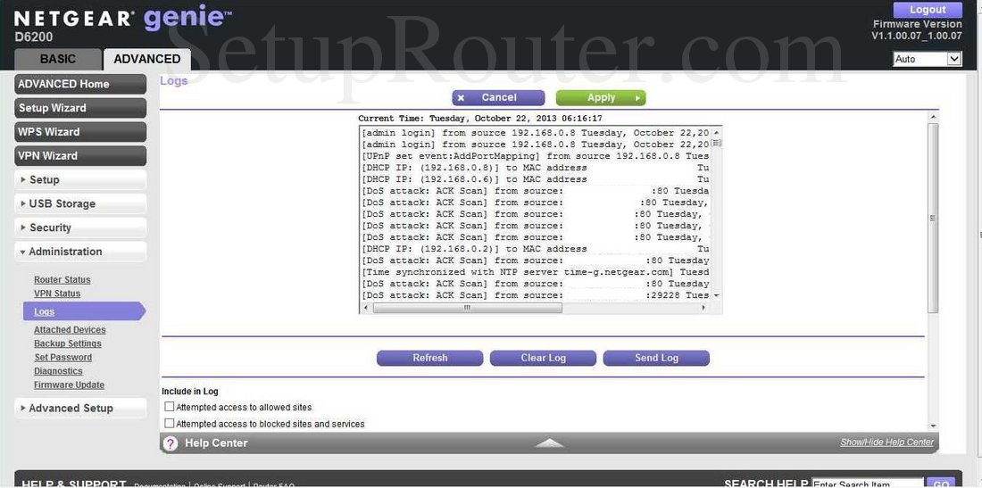 Netgear D6200 Screenshot Logs