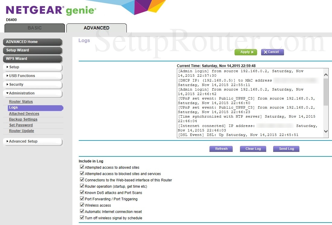 Netgear D6400 Screenshot Logs