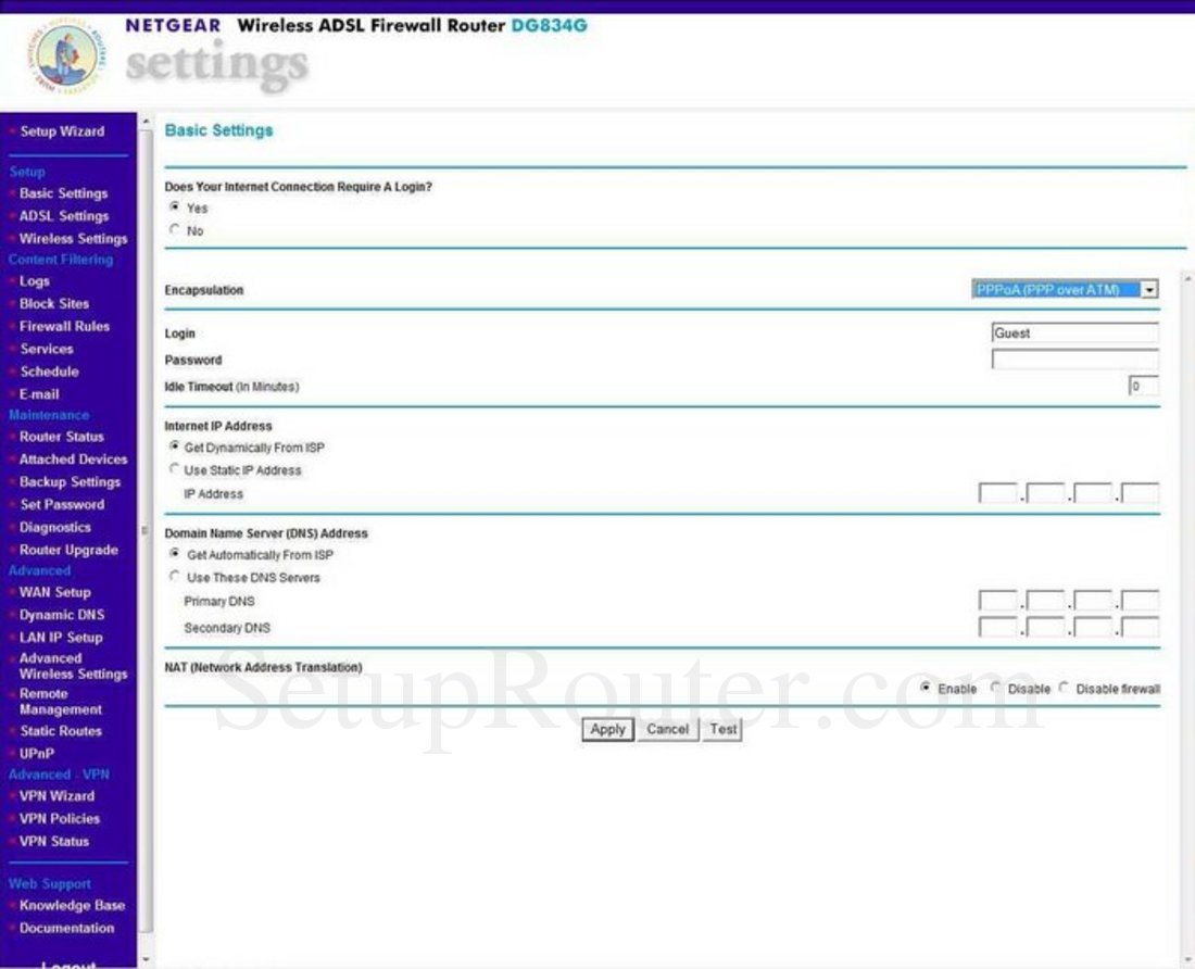 Netgear DG834G Screenshot Basic Settings