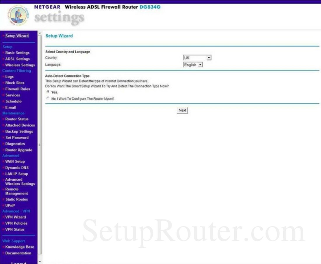Netgear DG834G Screenshot Setup Wizard