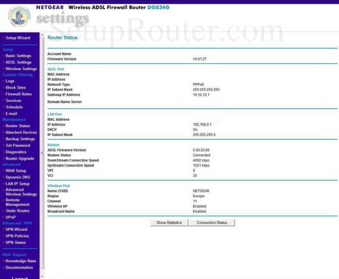 Netgear DG834G Screenshot Router Status