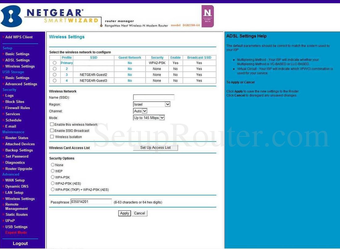 Netgear DGN2200-64 Screenshot WirelessSettings