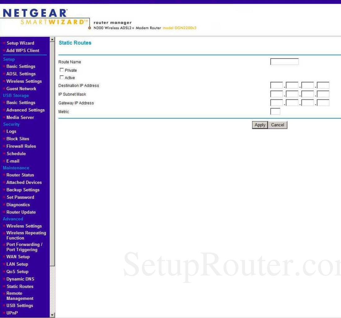 Netgear DGN2200v3 Screenshot Static Routes Add