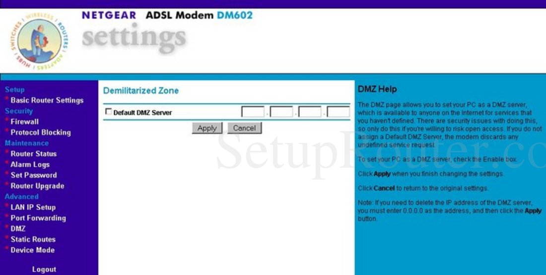 Netgear DM602 Screenshot DMZ