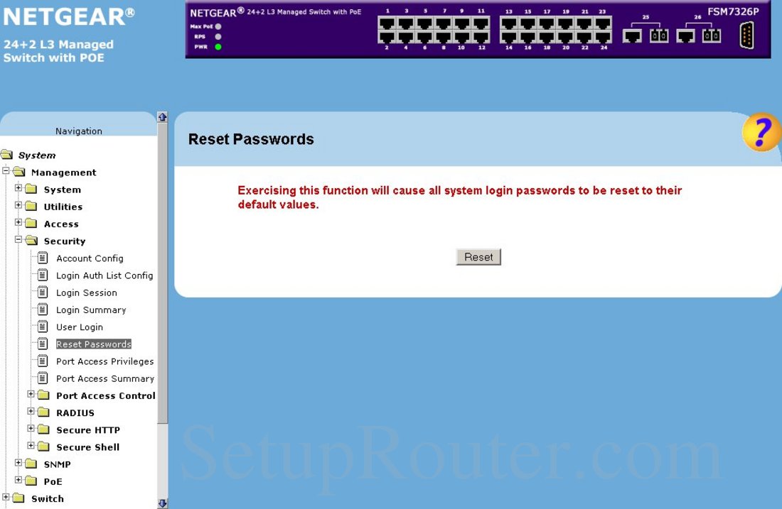 Netgear FSM7326P Screenshot Reset Passwords
