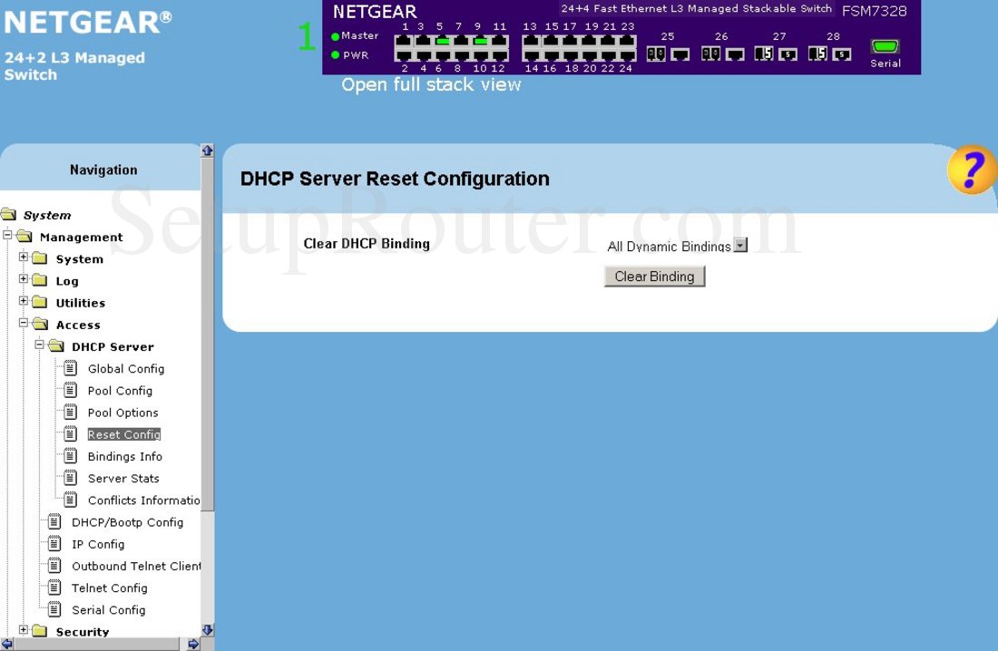 Netgear FSM7328 Screenshot DHCP Server Reset Configuration