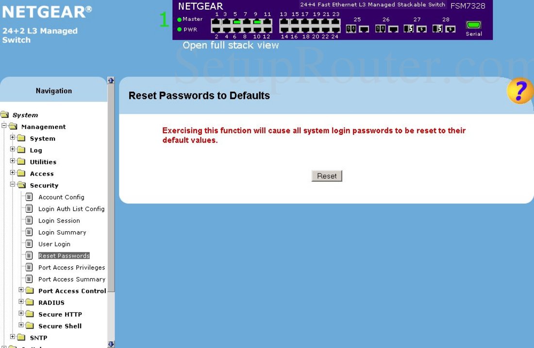 Netgear FSM7328 Screenshot Reset Passwords