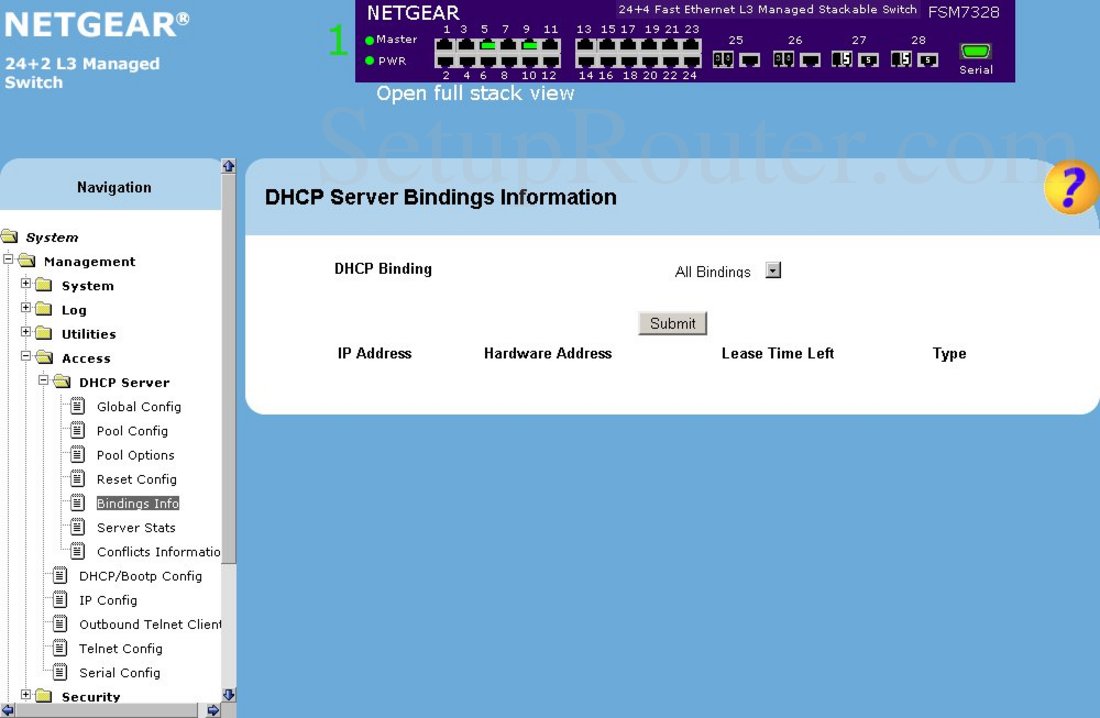 Netgear FSM7328S Screenshot DHCP Server Bindings Information