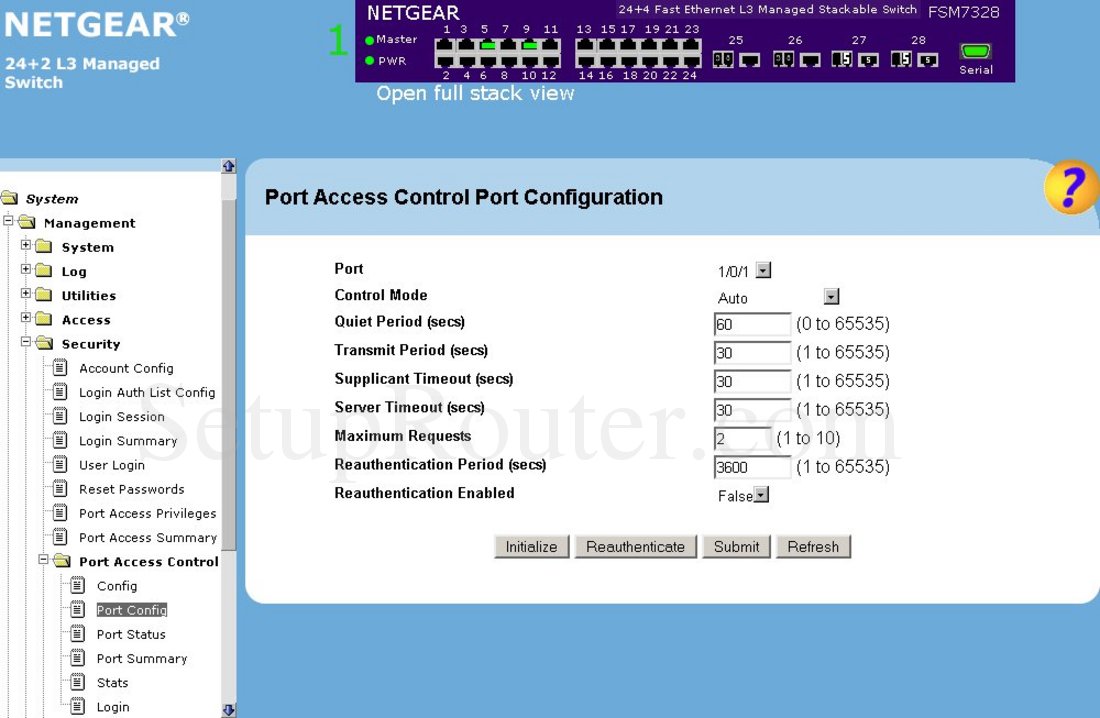 Netgear FSM7328S Screenshot Port Access Control Port Configuration
