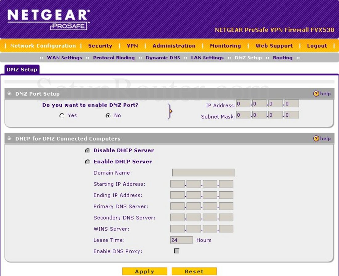 Netgear FVX538 Screenshot DMZ Setup