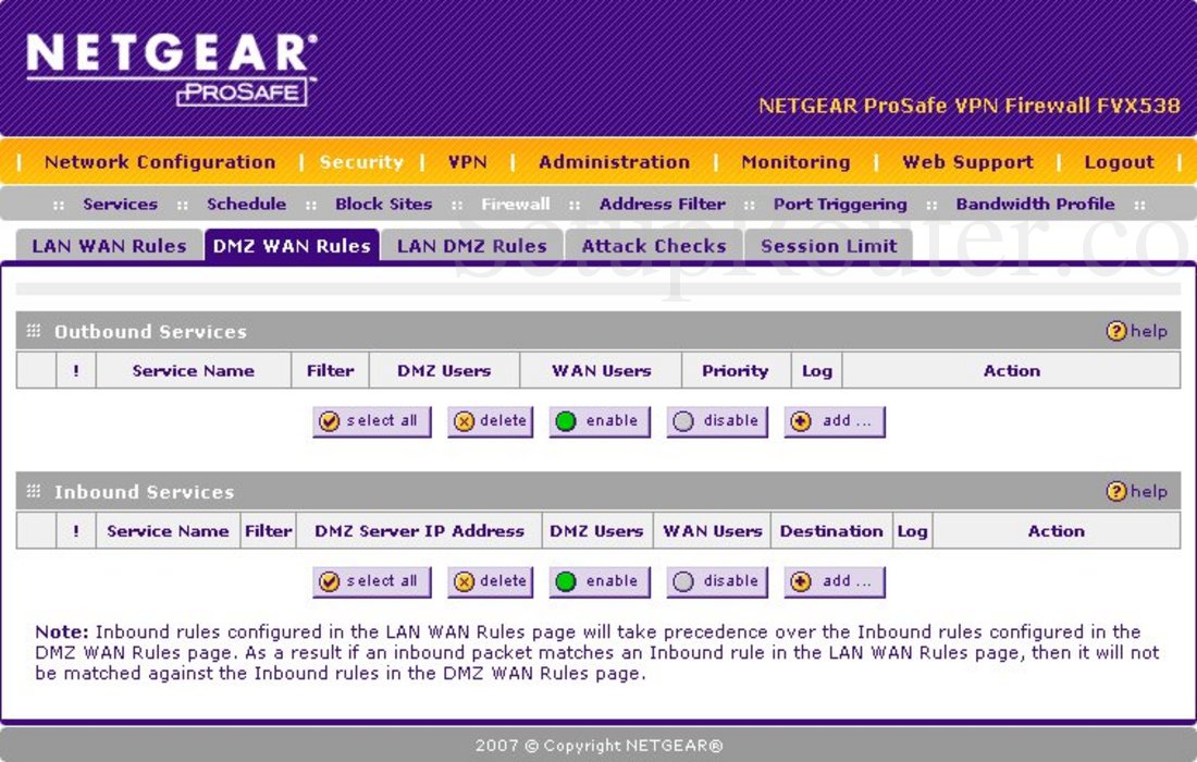 Netgear FVX538 Screenshot DMZ WAN Rules