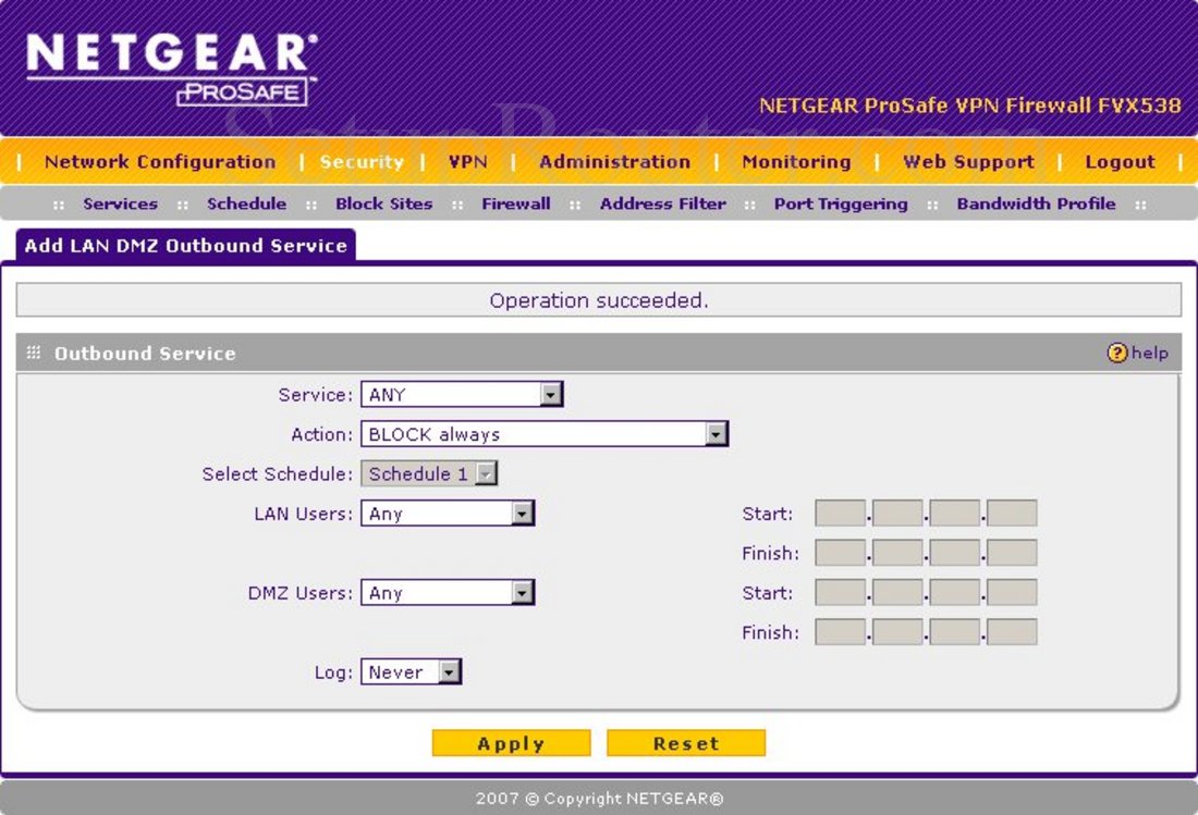 Netgear FVX538 Screenshot LAN DMZ Rules Outbound Service Add