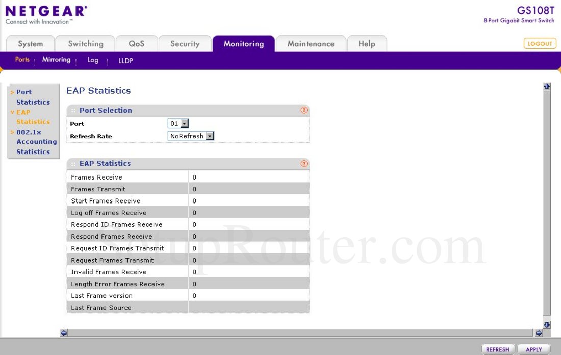 Netgear GS108Tv3 Screenshot EAP Statistics