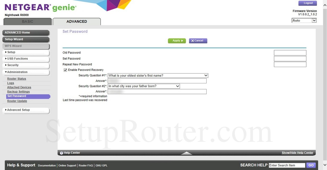 Netgear Nighthawk R6900 Screenshot SetPassword