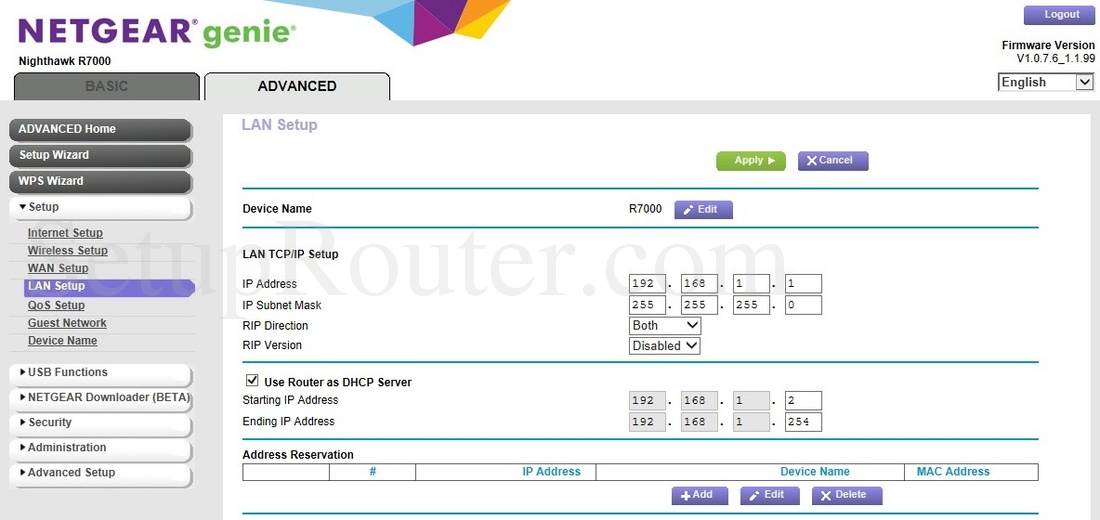Netgear Nighthawk R7000 Screenshot LANSetup