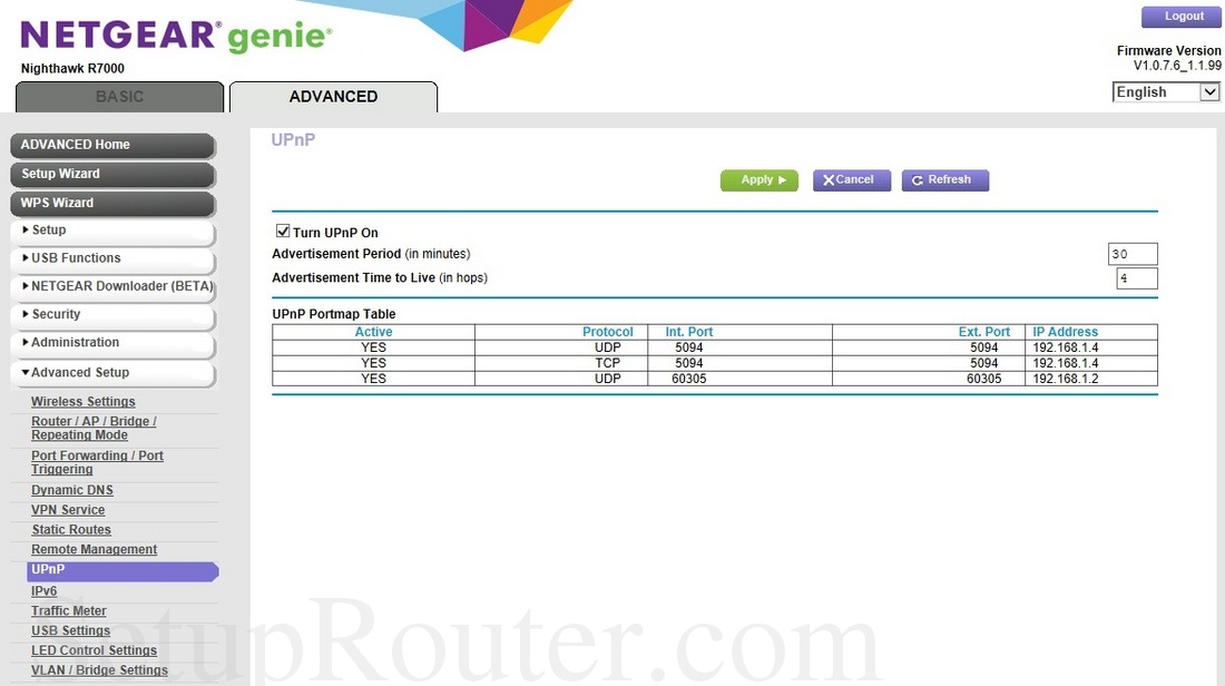 Netgear Nighthawk R7000 Screenshot UPnP