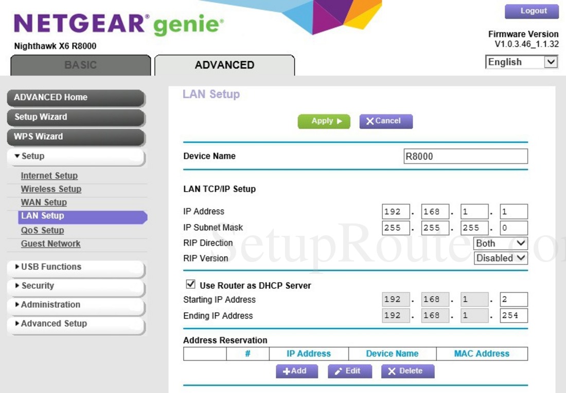 Netgear Nighthawk X6 R8000 Screenshot LANSetup