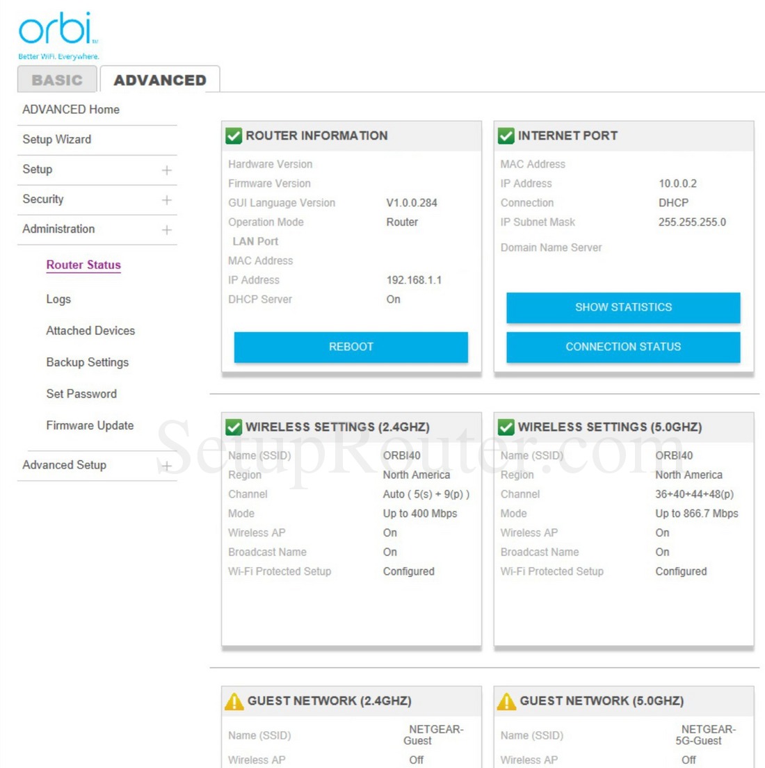 Netgear Orbi RBR50 Screenshot RouterStatus
