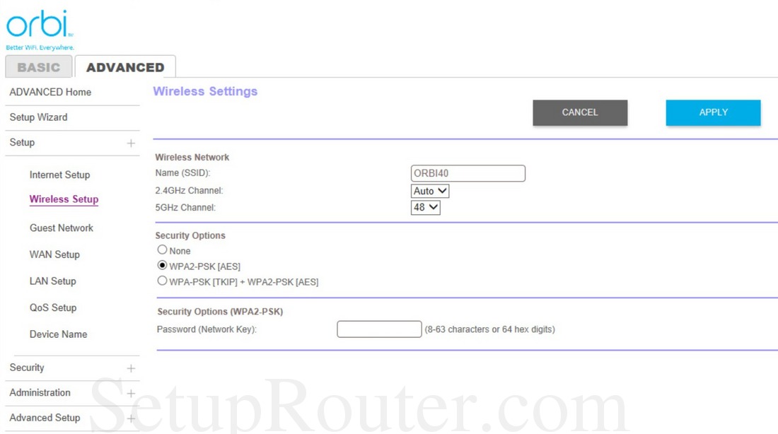 Netgear Orbi RBR50 Screenshot WirelessSettingsAdvanced