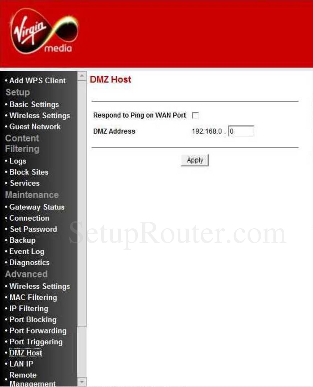 Netgear VMDG280 Screenshot DMZ Host