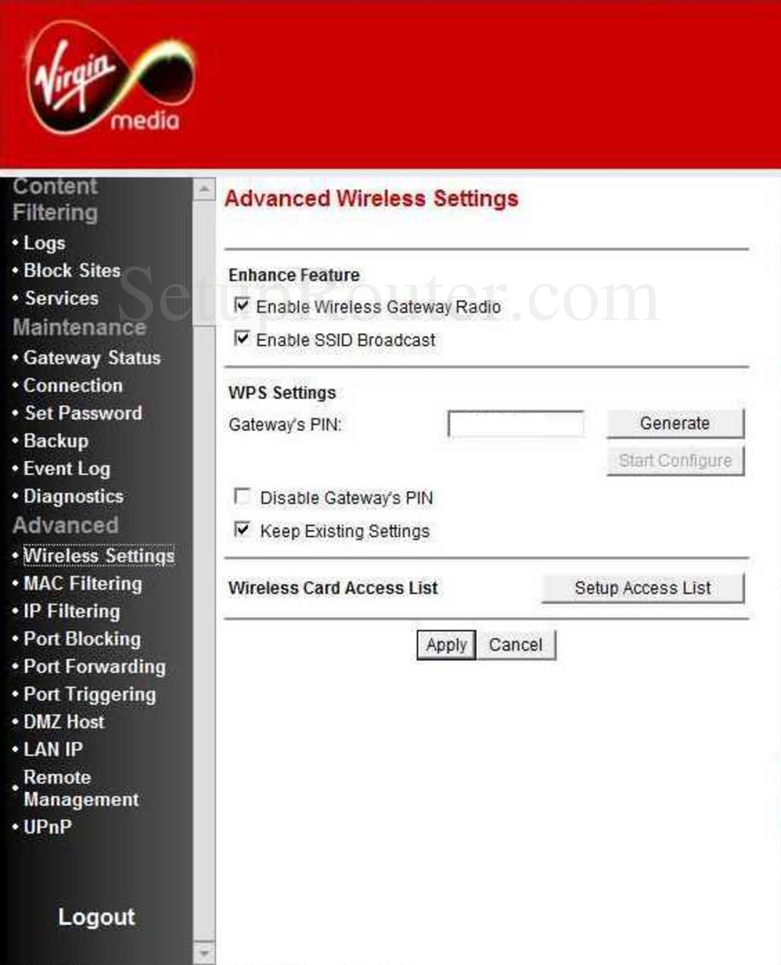 Netgear VMDG280 Screenshot Advanced Wireless Settings