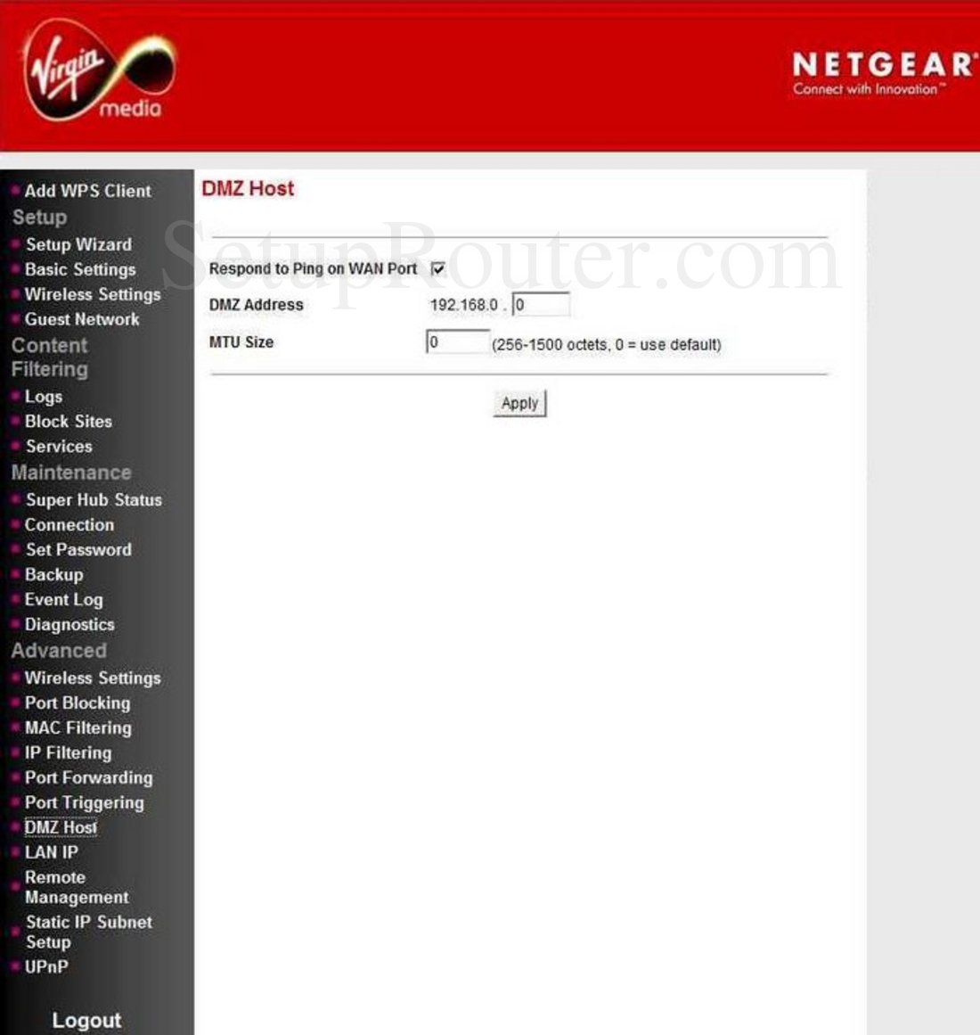 Netgear VMDG480 Screenshot DMZ Host