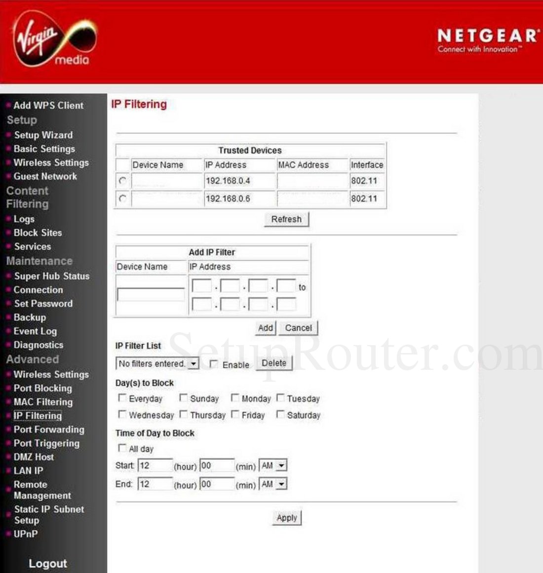 Netgear VMDG480 Screenshot IP Filtering